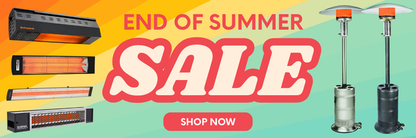 End of summer sale banner with various patio heaters